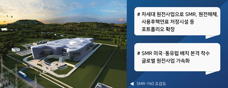 차세대 원전사업으로 SMR, 원전해체, 사용후핵연료 저장시설 등 포트폴리오 확장. SMR 미국,동유럽 배치 본격 착수 글로벌 원전사업 가속화