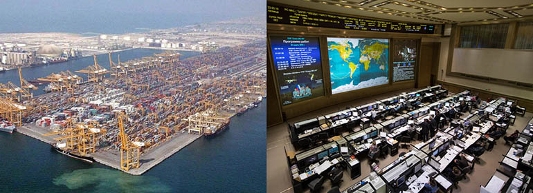 (왼쪽) UAE에 위치한 세계 최대 물류 허브인 ‘제벨 알리 항구’, (오른쪽) 나사(NASA) 우주정거장 통제센터 