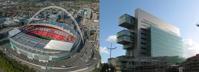 (왼쪽) 영국의 가장 큰 경기장인 ‘웸블리 스타디움’ ©Arne Müseler, (오른쪽) 영국의 가장 큰 법정 시설인 ‘맨체스터시 법정 센터’